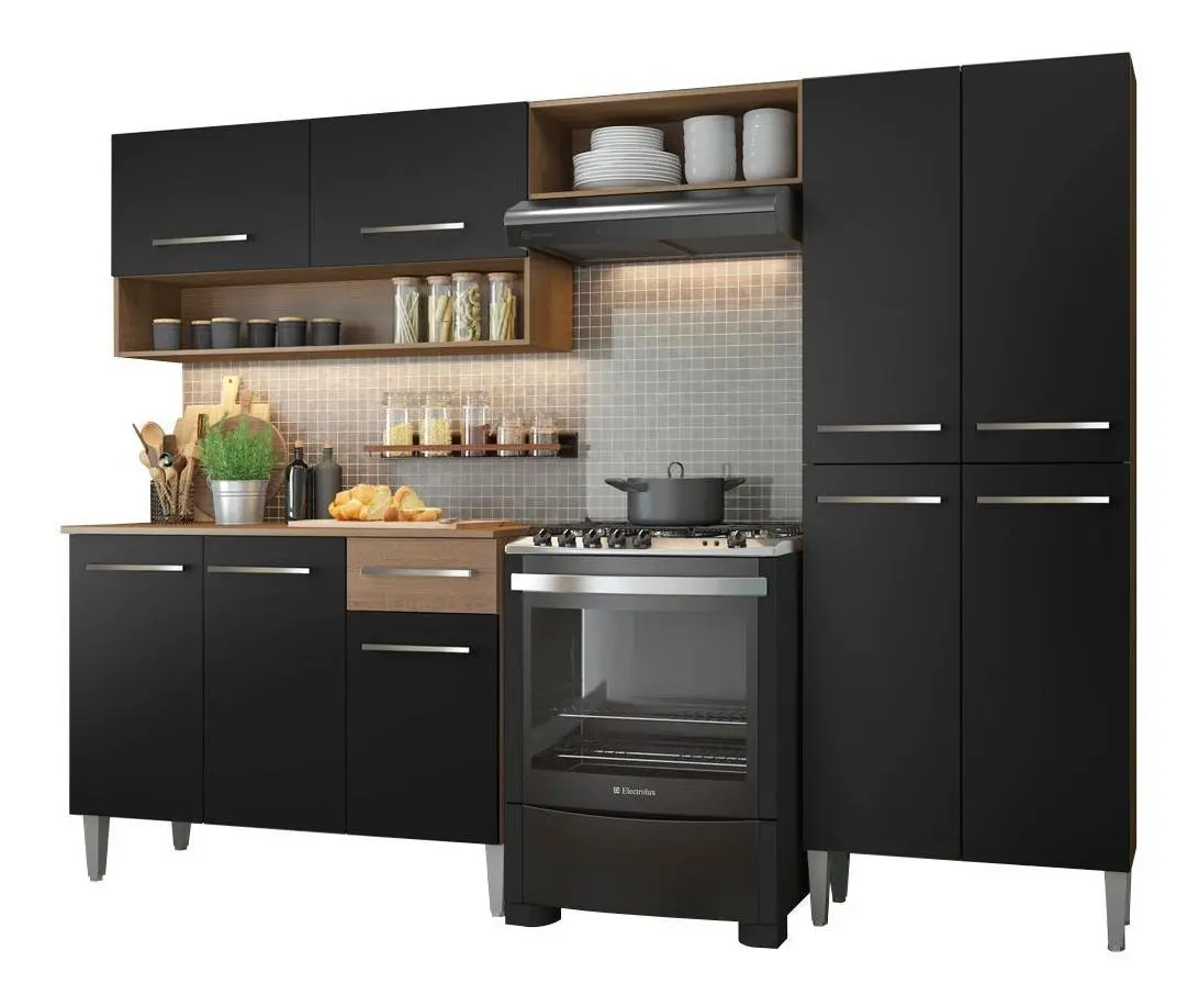Armário de cozinha modulada completa compacta Emilly pop com armário e balcão cor rustic/preto
