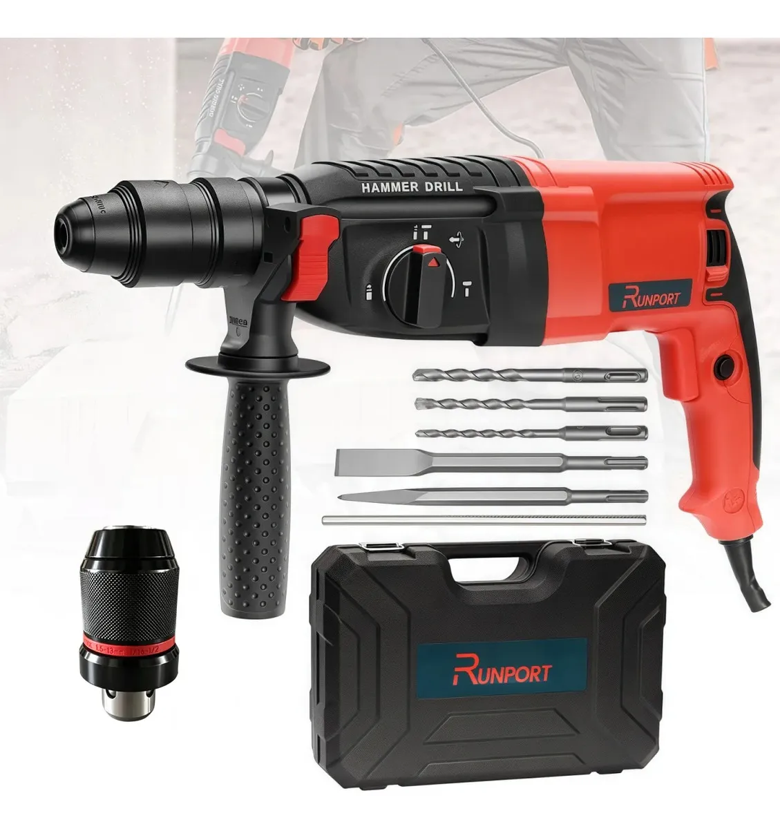 Martelete Perfurador Rompedor Profissional Sds Plus Com Maleta 26mm 1300w 3.2j Runport