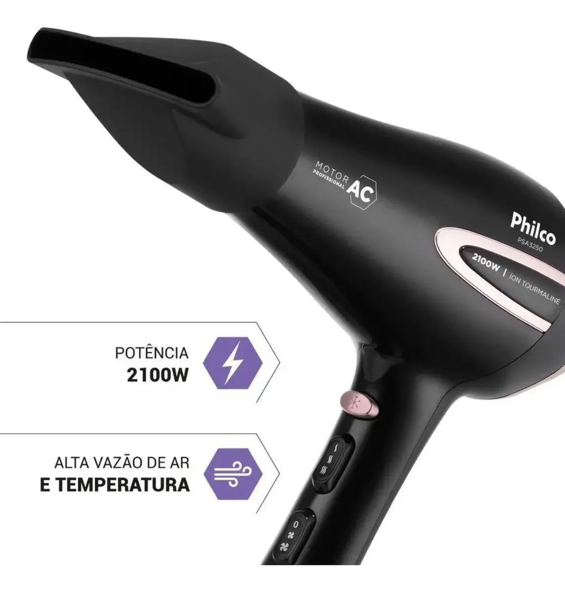 Secador De Cabelo Profissional Philco 2100w Íon Com Difusor