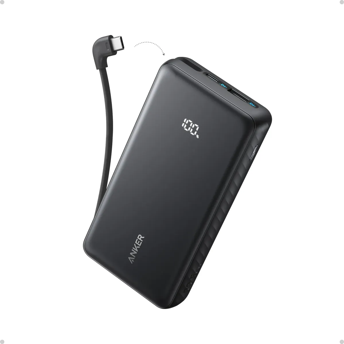 Portátil Power Bank Anker 20000mAh Carga Turbo 22.5W Cabo USB-C Integrado Para iPhone 17/16/15/14, SamCasung Galaxy, Motorola, Xiaomi, Poco, Oppo, Airpods, Display Digital Cor Preto Com 3C
