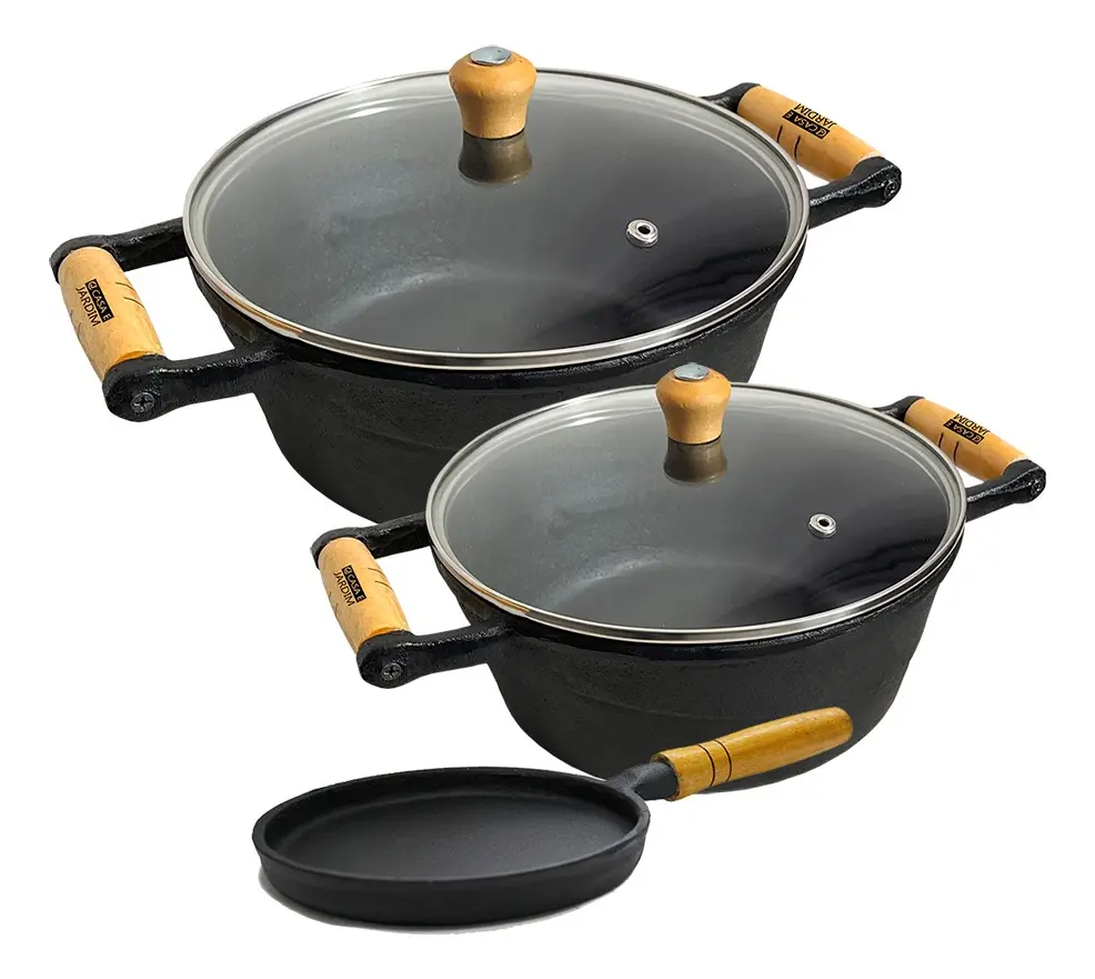 Kit 3 Panelas de Ferro Fundido com Tampa Vidro Casa e Jardim Preto