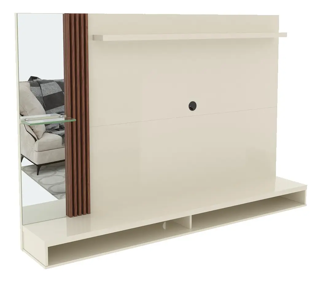 Painel Para Tv Até 55 Polegadas Ripado E Espelho Paris 160cm Cor Off White/Naturale
