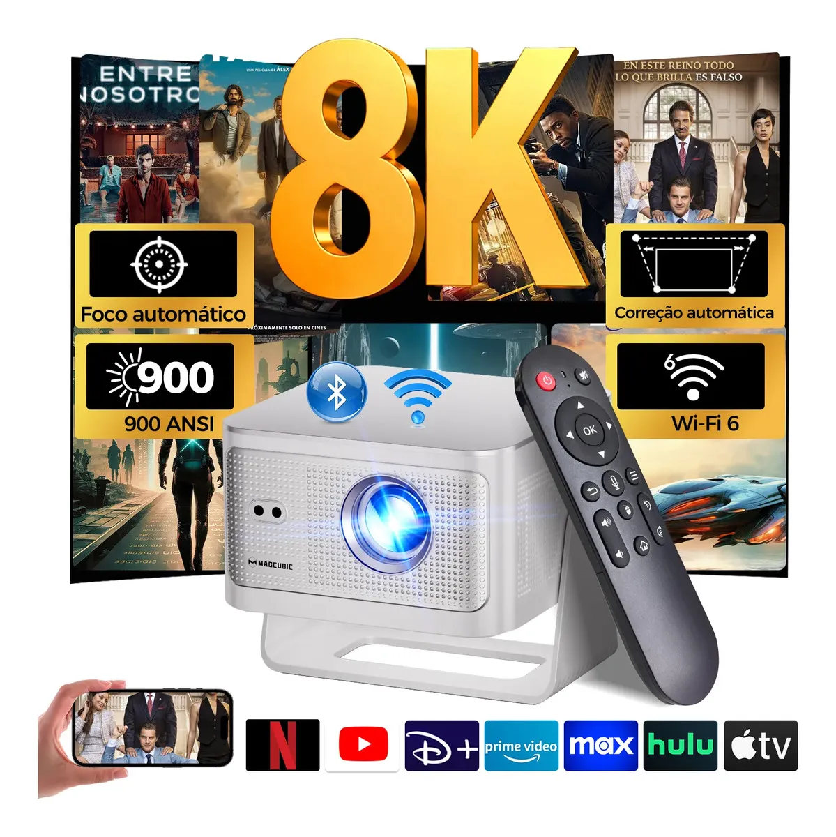Projetor Magcubic HY350MAX Smart com Android, Wi-Fi e Bluetooth para Filmes em 8K