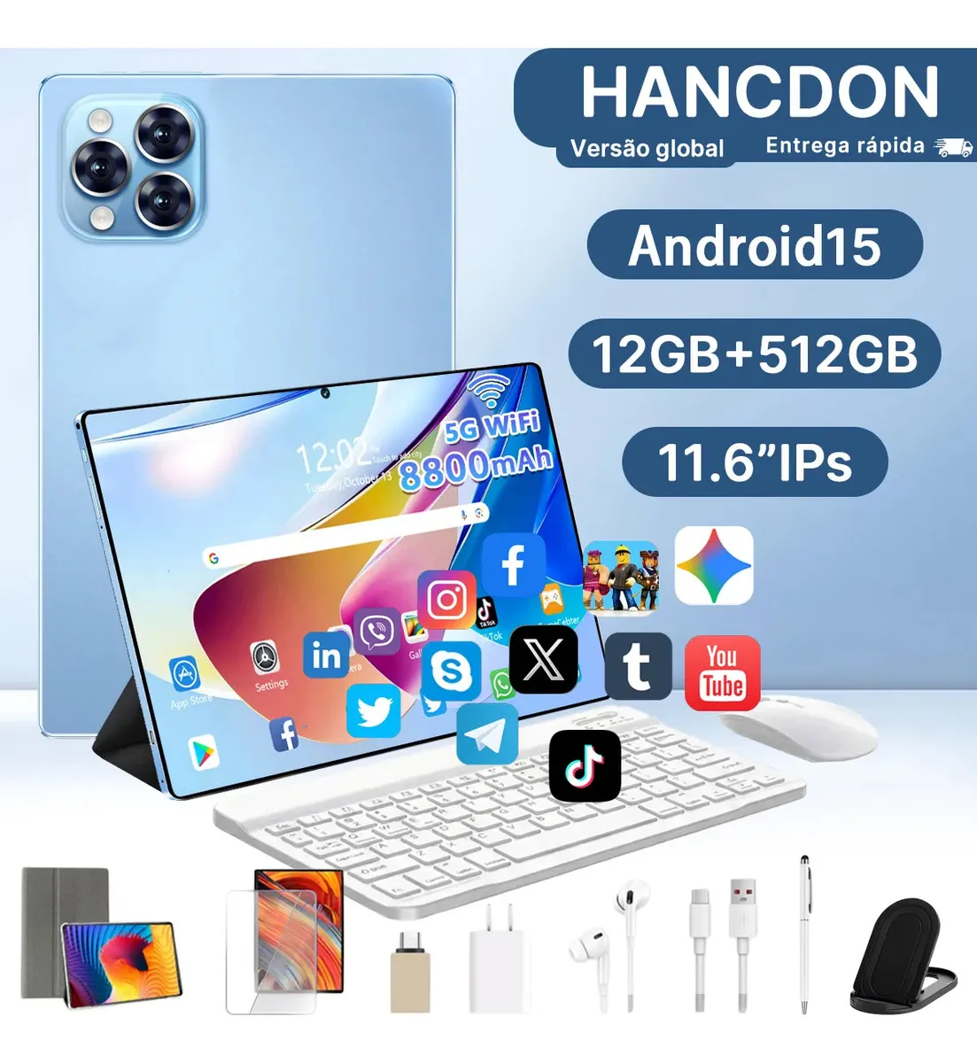 celular 15 Hancdon Tab Kit Completo Ram 12gb 512gb 11.6&amp;amp;#039;&amp;amp;#039; Hd Tela Apoia Wifi 2,4/4g/5g Dual Sim Bateria 8800mah Com Caneta+teclado E Mouse Profissional Estudo Trabalho Jogos 2 Em 1 Tablets Pc