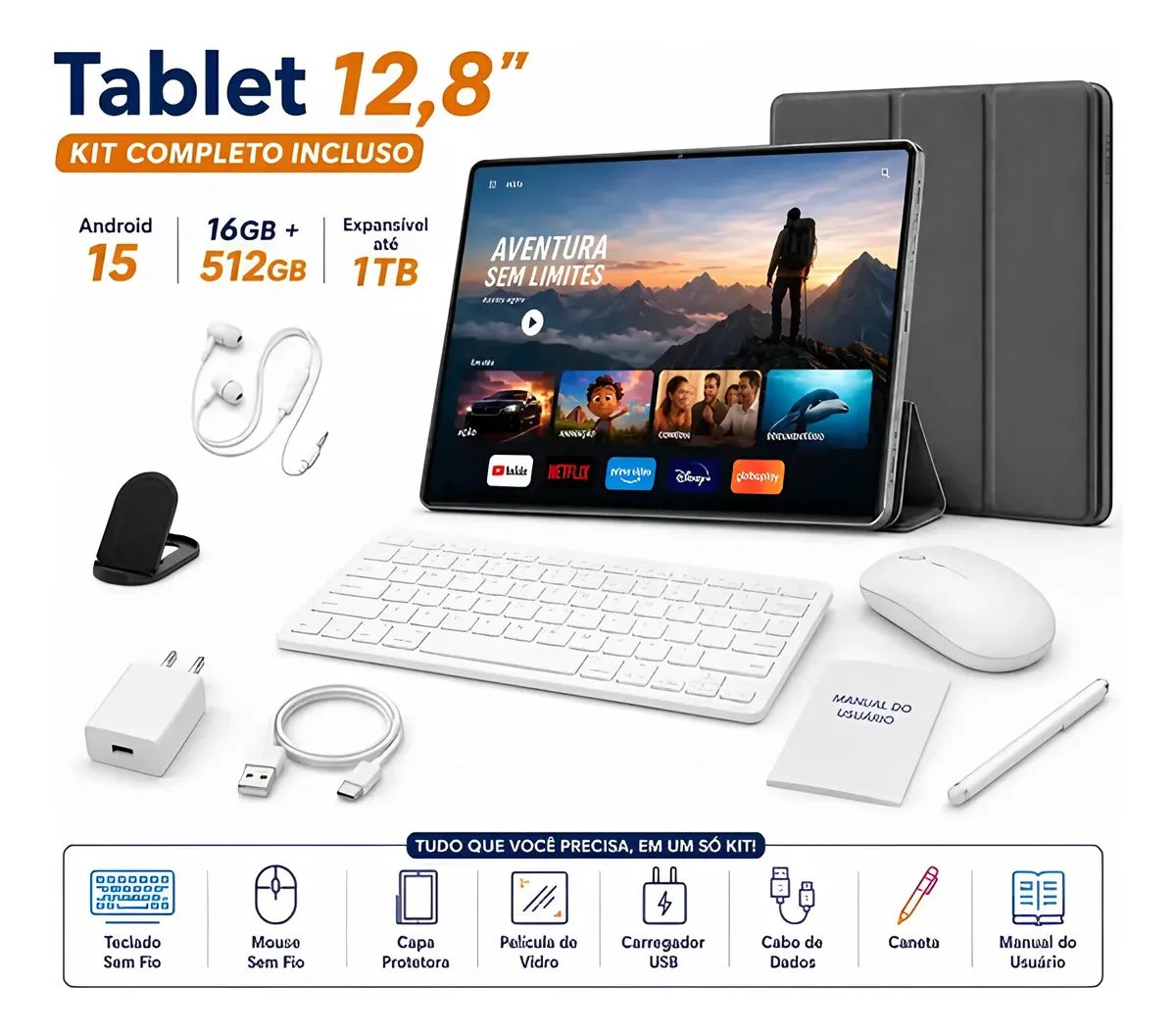 Tablet Hancdon Android 15 Tab Kit Completo Ram 16gb 512gb 12,8&amp;#039;&amp;#039; Hd Tela Apoia Wifi 2,4/4/5g Bateria 8800mah Com Caneta+teclado E Mouse Profissional Estudo Trabalho Ia Gemini Jogos 2 Em 1 Tablets Pc