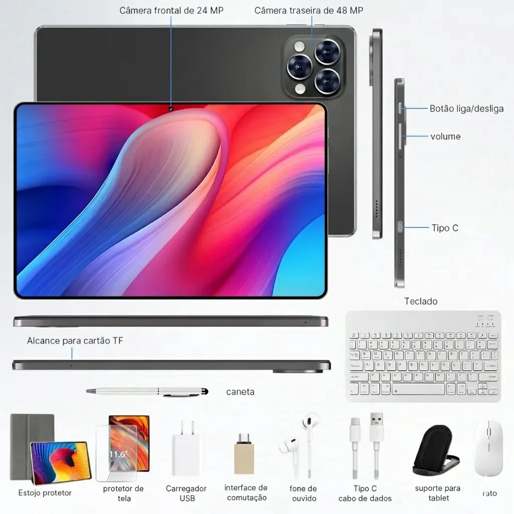 Tablet Android 12GB RAM 512GB Memória Tela Grande 11.6 Bateria 8800mAh Wi-fi 5G Jogos Pesados Completo Com Teclado Mouse Cinza