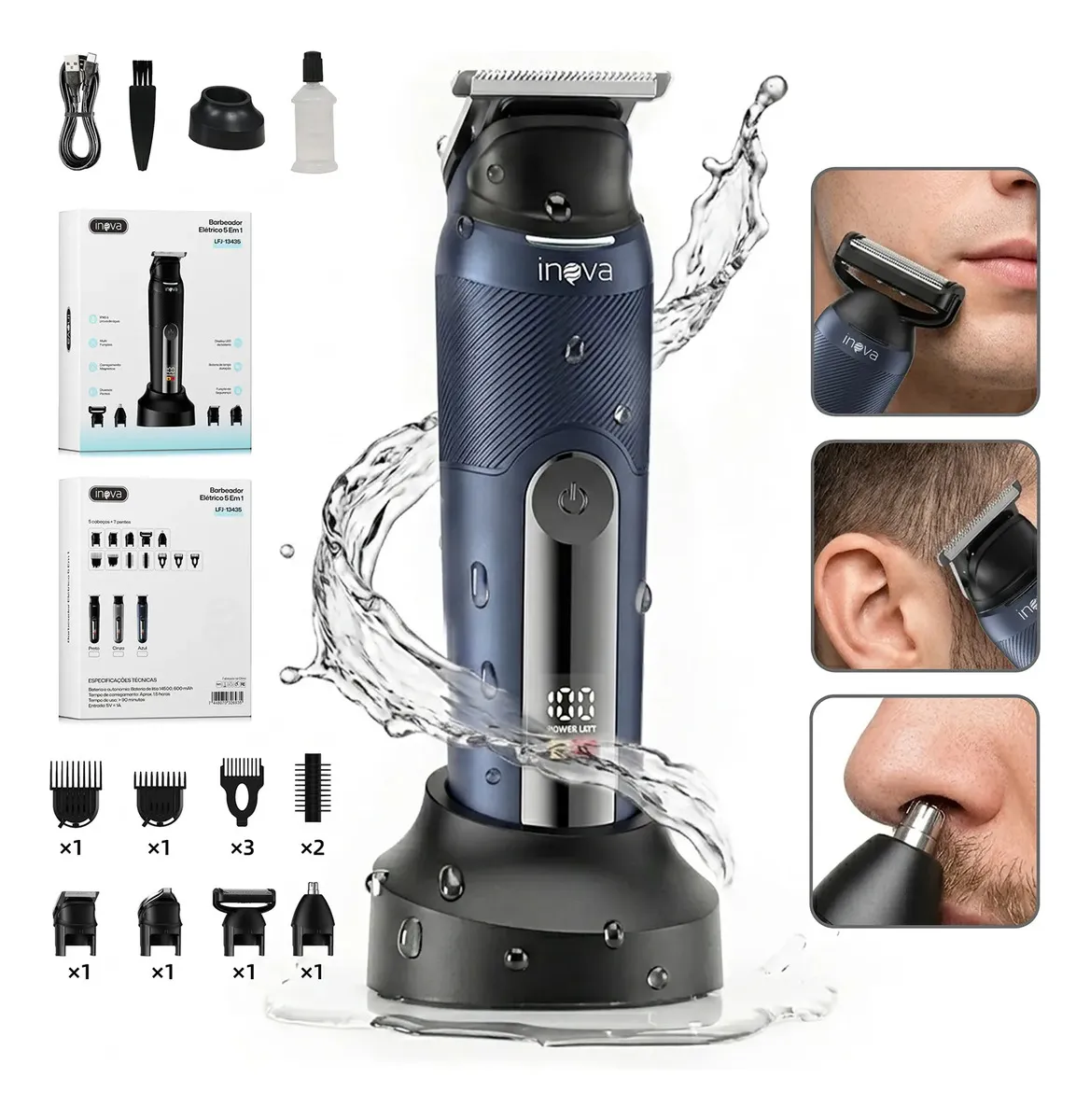 Barbeador Elétrico Inova Multigroom 5 em 1 para Barba e Corpo com 8 Pentes e Bateria Recarregável